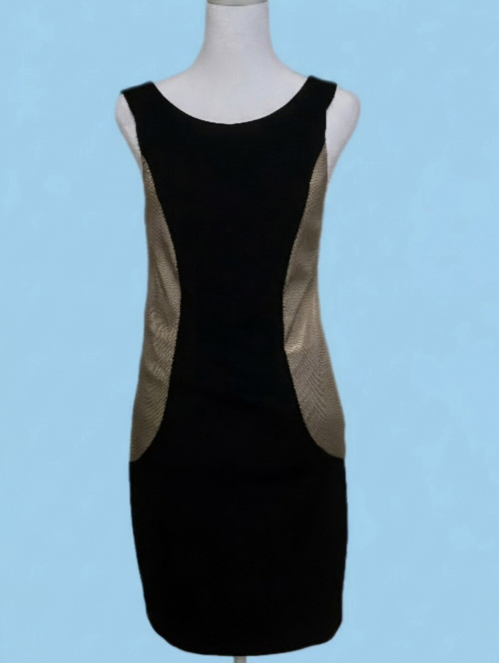Vfish Dress SEXY Panelled Sheath Black Knit w/ Lt Gold Silky Inserts Size S NWOT